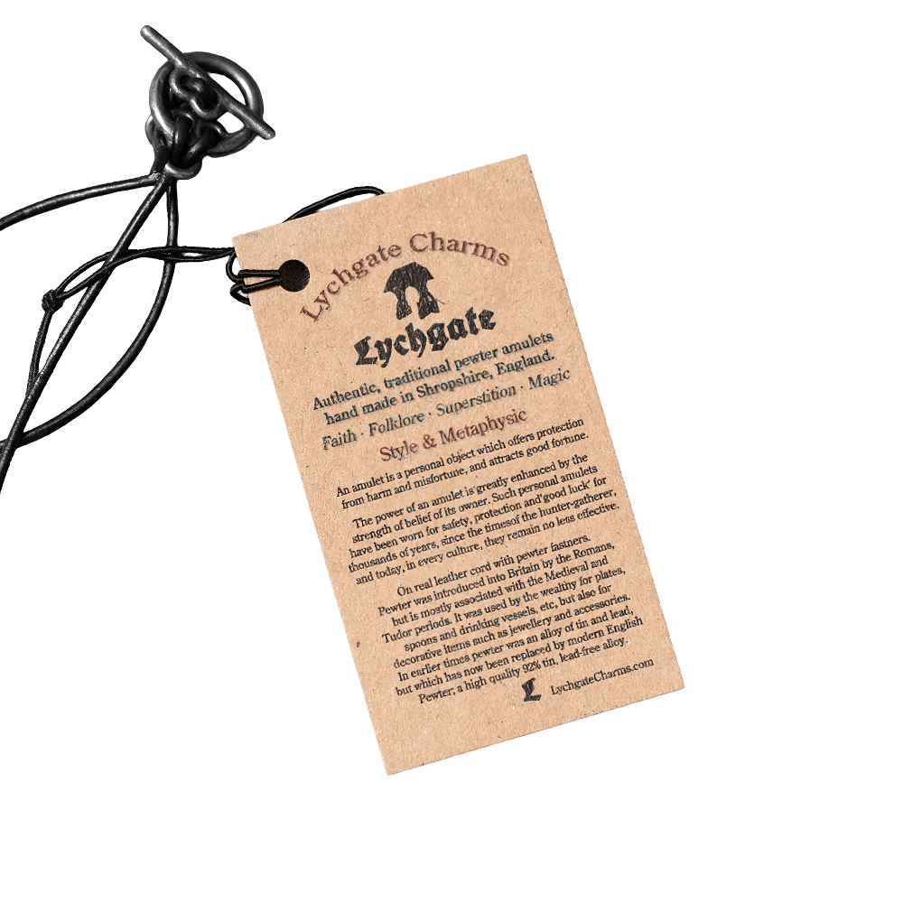 Lychgate Charms traditional pewter amulets tag, showcasing authentic magic and folklore charm details.