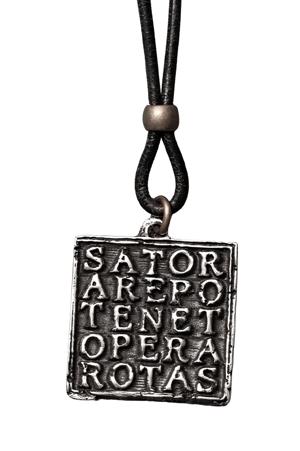 Square Latin Palindrome Gothic Pewter Pendant featuring SATOR AREPO TENET OPERA ROTAS in dark gray.