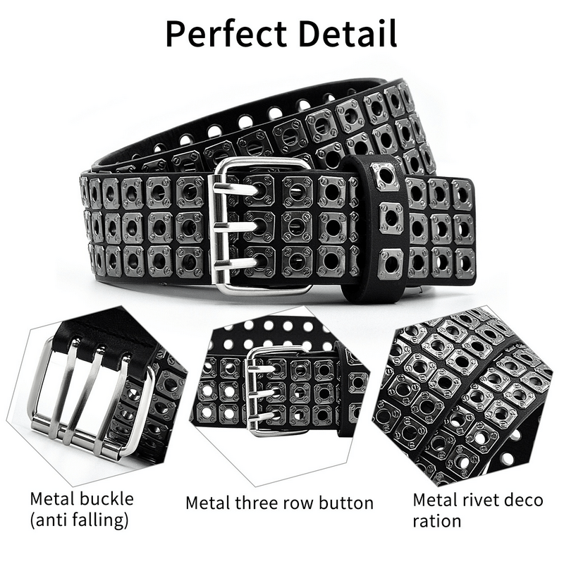 Square Rivets Wide Belt With Three Pin Buckle / Punk Rock Leather Belt - HARD'N'HEAVY