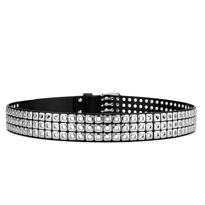 Square Rivets Wide Belt With Three Pin Buckle / Punk Rock Leather Belt - HARD'N'HEAVY