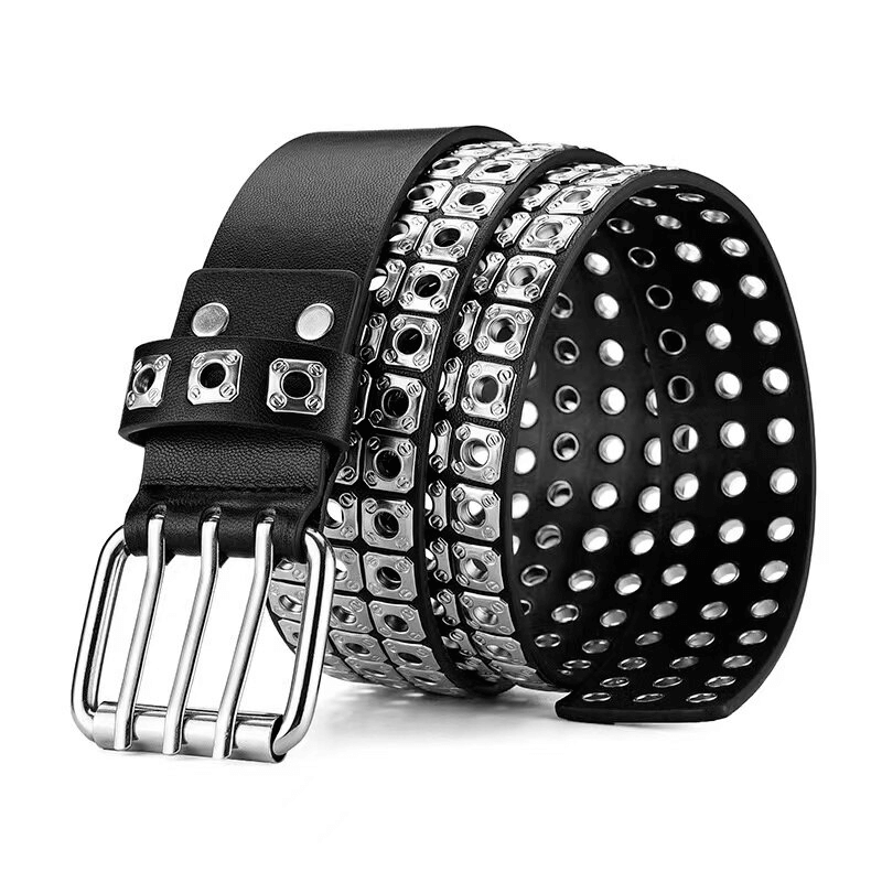 Square Rivets Wide Belt With Three Pin Buckle / Punk Rock Leather Belt - HARD'N'HEAVY