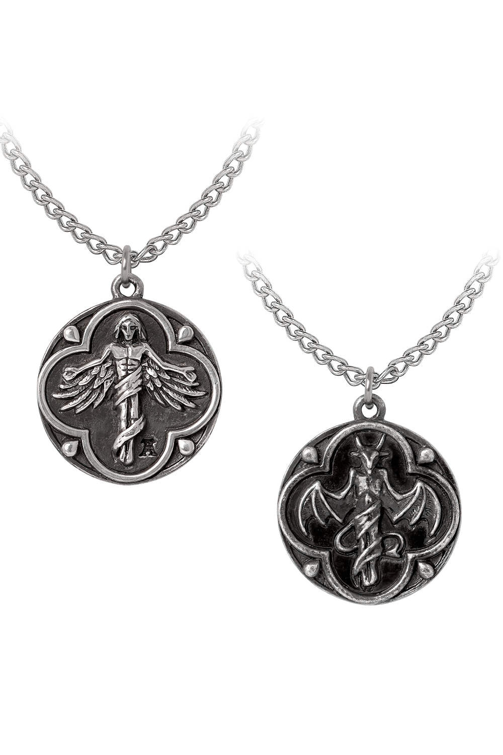 St. Levantius Protective Pendant with Dual-Sided Design showcasing Asmodeus and angel symbols in fine pewter.