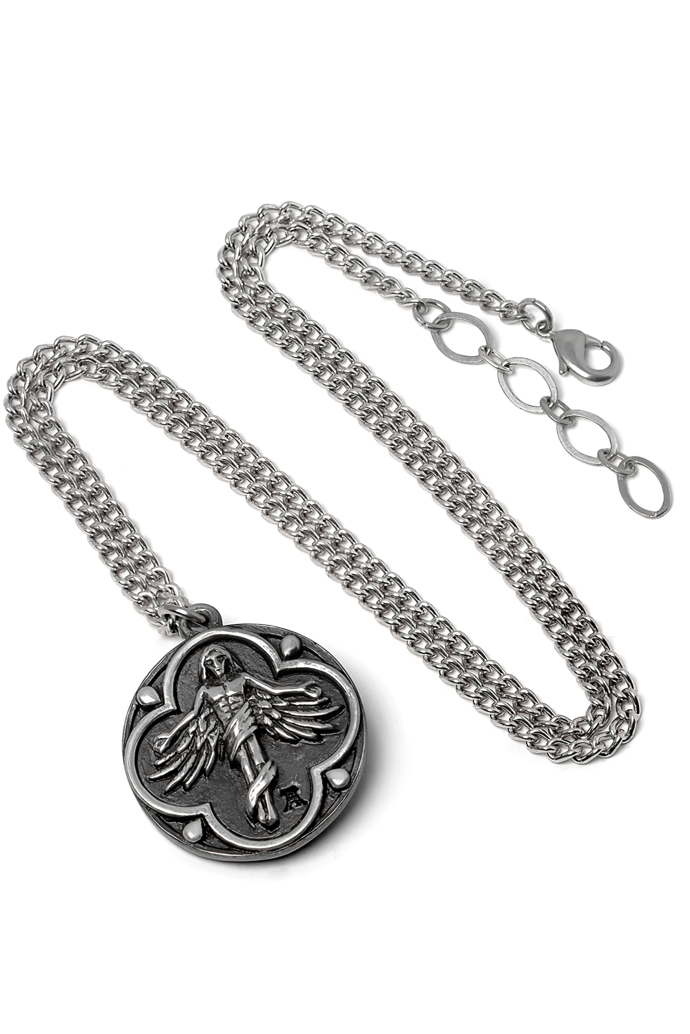 St. Levantius Protective Pendant with Dual-Sided Design on a silver chain, featuring an angel symbol.