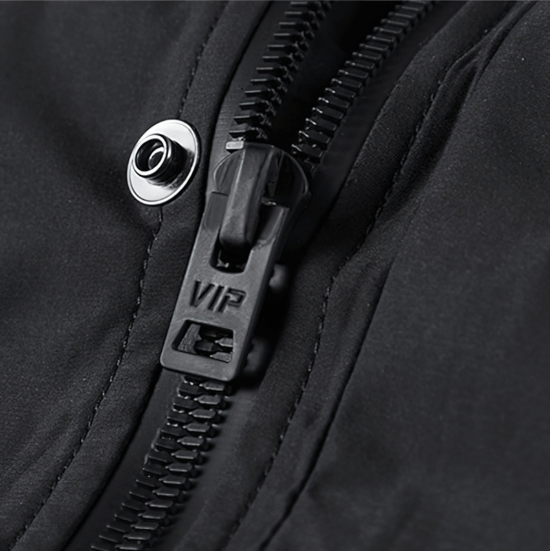 Close-up of the zipper detail on a tactical bomber jacket showcasing high-quality craftsmanship.