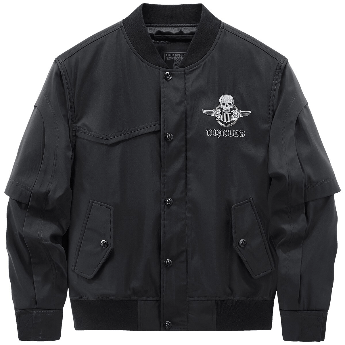 Stylish black bomber jacket with skull embroidery and tactical pockets for trendy men.