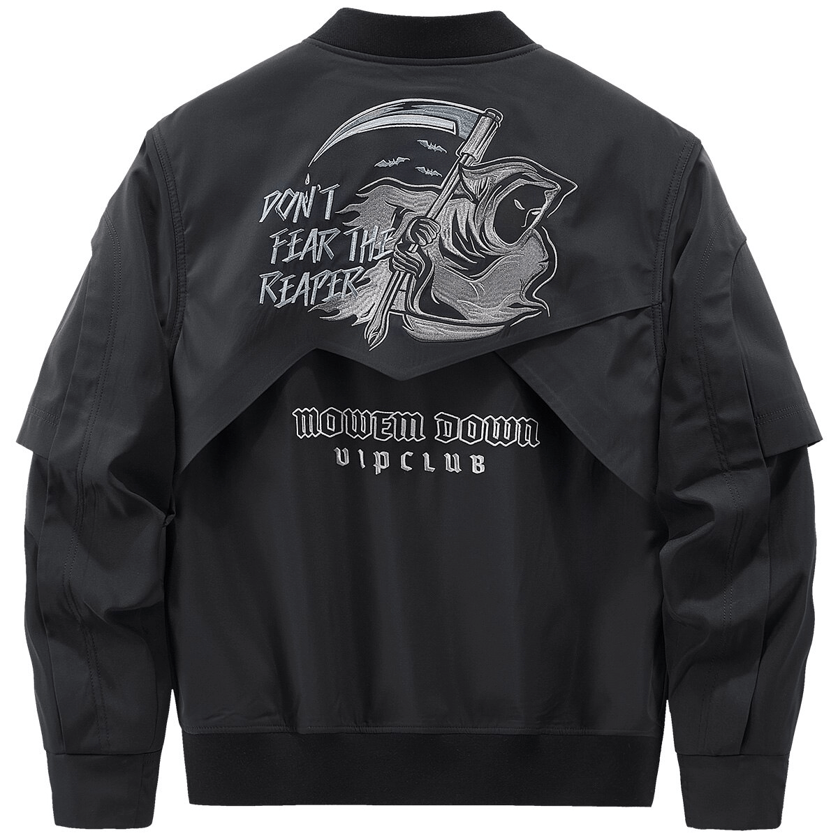 Men's tactical bomber jacket with skull embroidery and 'Don't Fear the Reaper' design, sophisticated and edgy style.