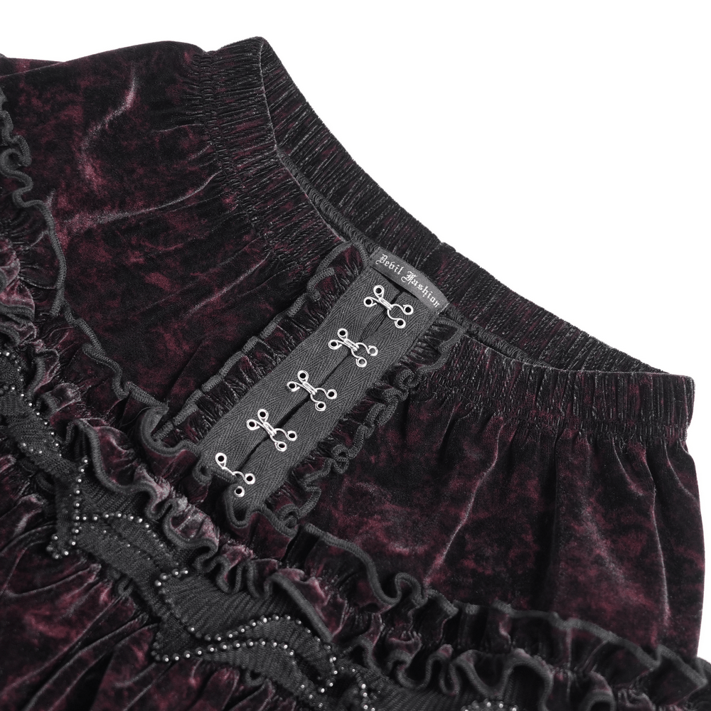 Statement Ruffled Bloomer Shorts with Lace Bead Trim, gothic velvet shorts with hook-and-eye detail and tiered ruffles