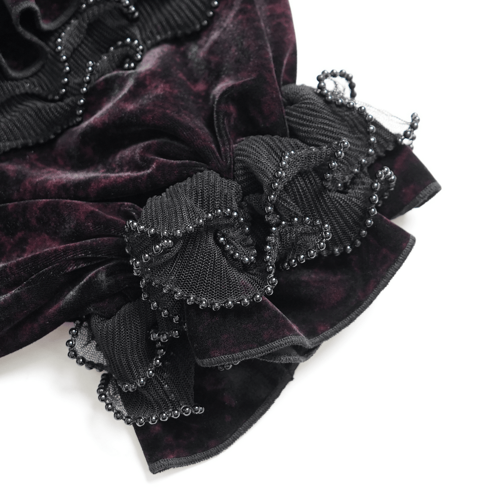 Statement Ruffled Bloomer Shorts with Lace Bead Trim, gothic velvet bloomers with tiered ruffles and beaded lace details