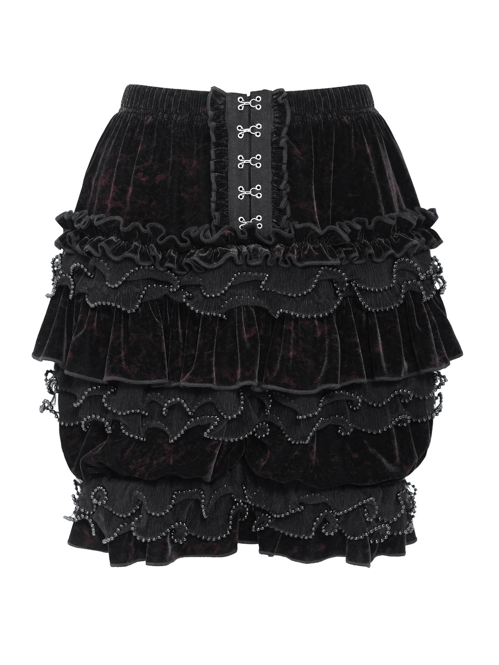 Statement Ruffled Bloomer Shorts with Lace Bead Trim, gothic velvet tiers, hook-and-eye front, playful dark romance