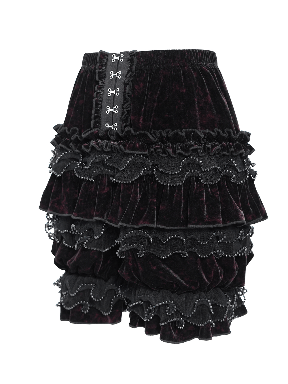 Statement Ruffled Bloomer Shorts with Lace Bead Trim, gothic velvet layers with hook-and-eye detail and beaded lace ruffles