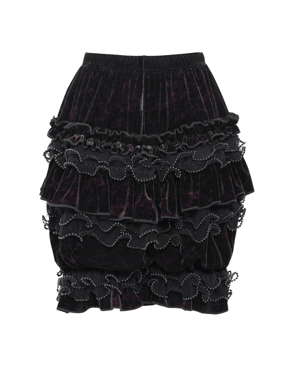 Statement Ruffled Bloomer Shorts with Lace Bead Trim, gothic velvet layers with hook-and-eye detail