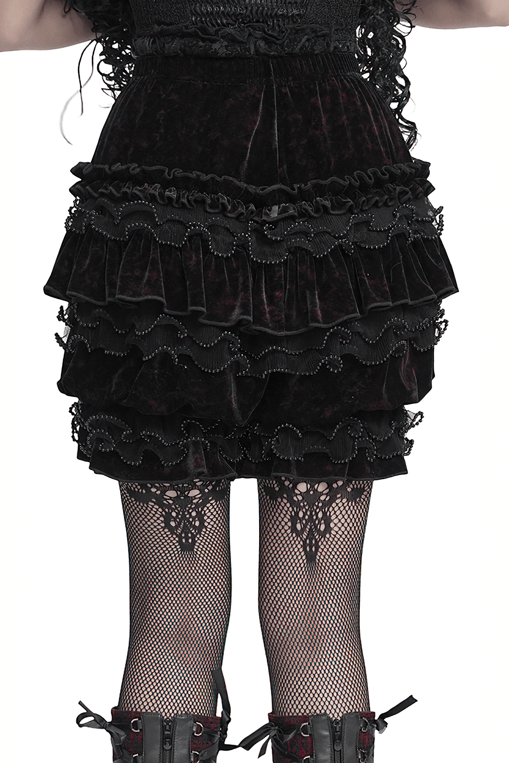 Statement Ruffled Bloomer Shorts with Lace Bead Trim gothic velvet tiered shorts with ruffles, elastic waist, and hook-and-eye detail