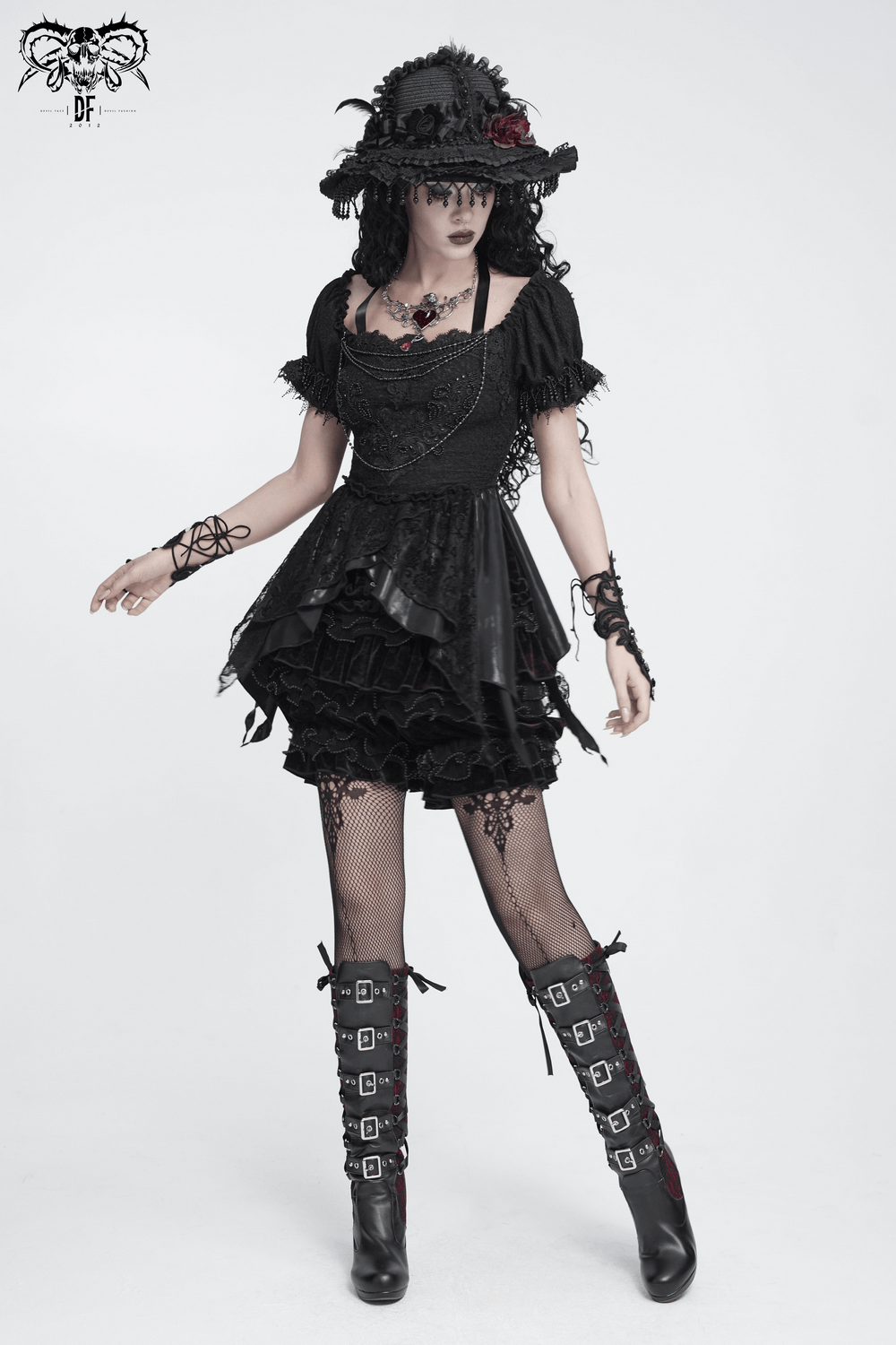 Statement Ruffled Bloomer Shorts with Lace Bead Trim, gothic velvet bloomer shorts with tiered ruffles and hook-and-eye detail