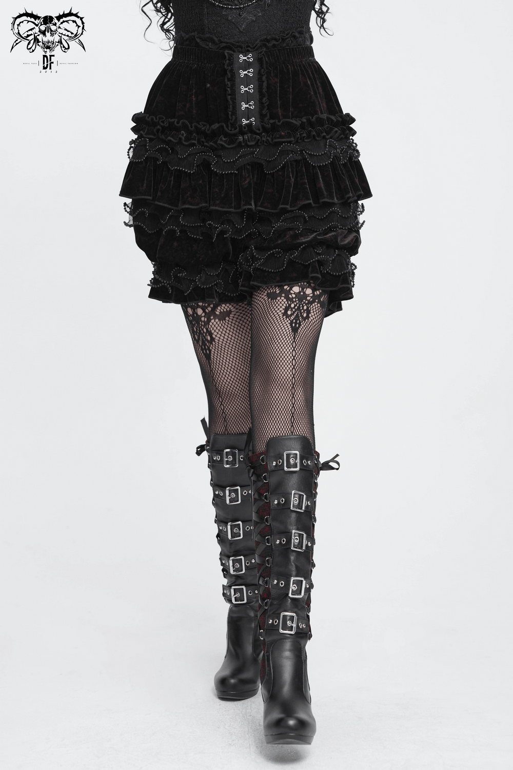 Statement Ruffled Bloomer Shorts with Lace Bead Trim, Gothic velvet bloomers with ruffles, lace trim, and hook-and-eye detail