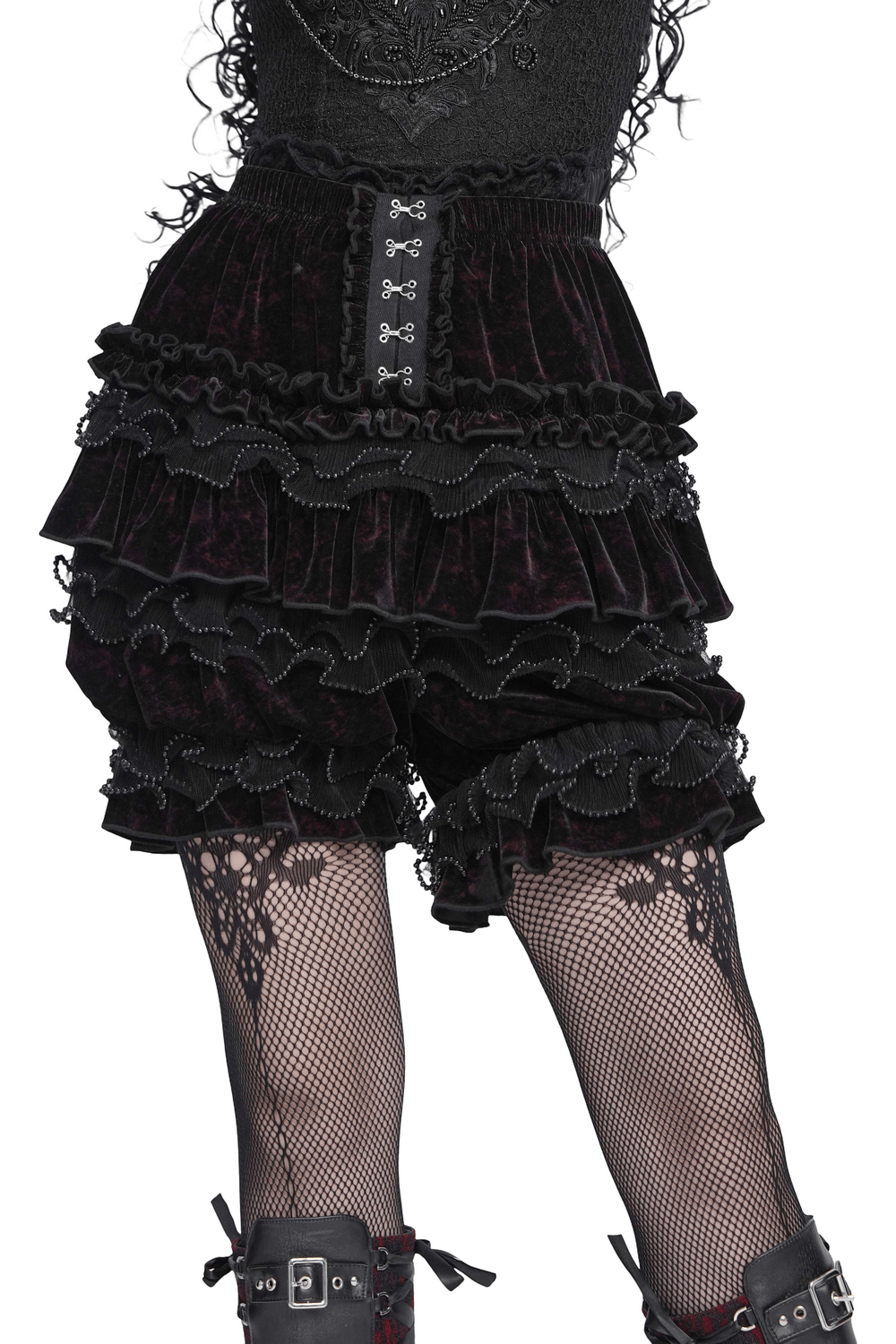 Statement Ruffled Bloomer Shorts with Lace Bead Trim, gothic velvet tiered shorts with hook-and-eye detail and beaded ruffles