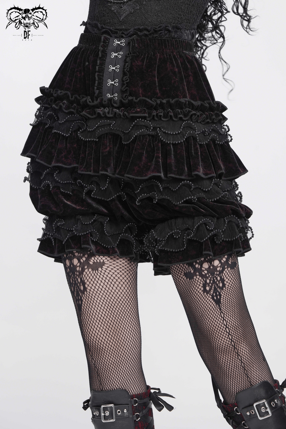 Statement Ruffled Bloomer Shorts with Lace Bead Trim, gothic velvet layers, hook-and-eye detail, and playful Victorian ruffles