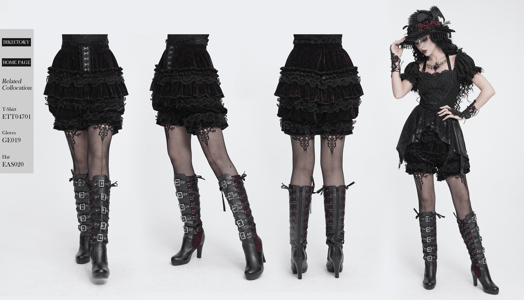 Statement Ruffled Bloomer Shorts with Lace Bead Trim, gothic velvet tiered ruffles with hook-and-eye detail