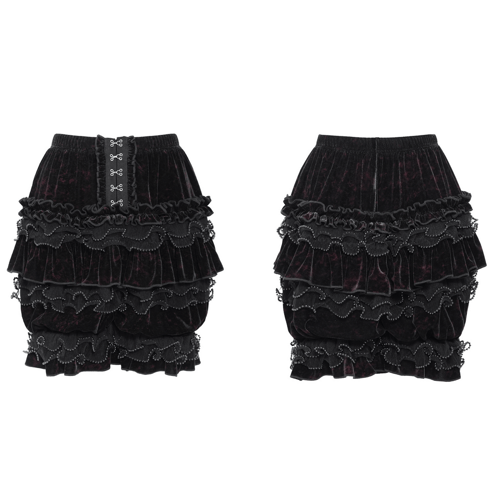 Statement Ruffled Bloomer Shorts with Lace Bead Trim burgundy velvet with tiered ruffles and hook-eye detail