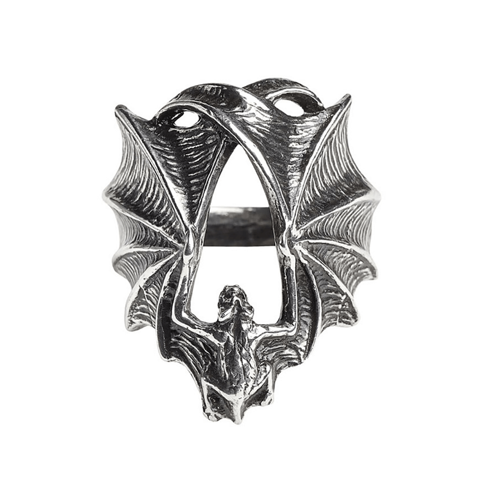 Gothic Stealth Bat Ring in antiqued pewter with detailed outstretched wings, designed for adjustable fit.