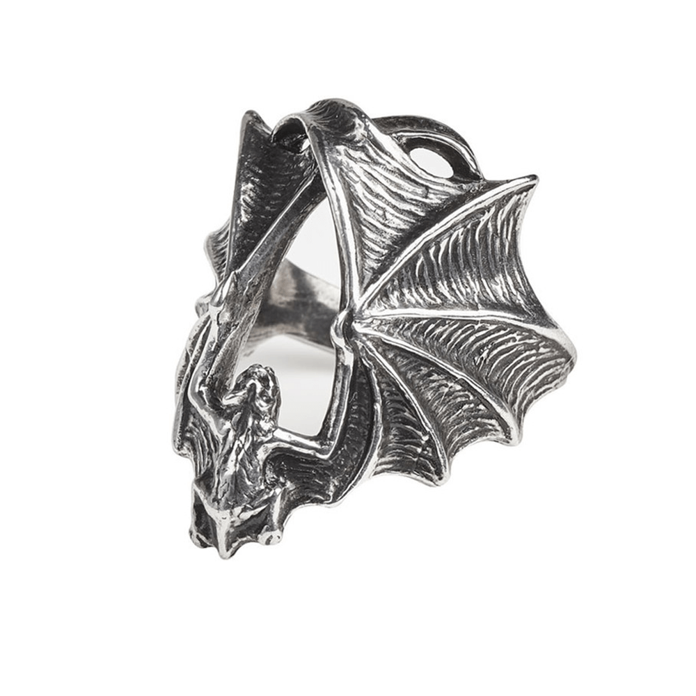 Gothic bat ring in antiqued pewter with detailed outstretched wings, perfect for a dramatic gothic style.
