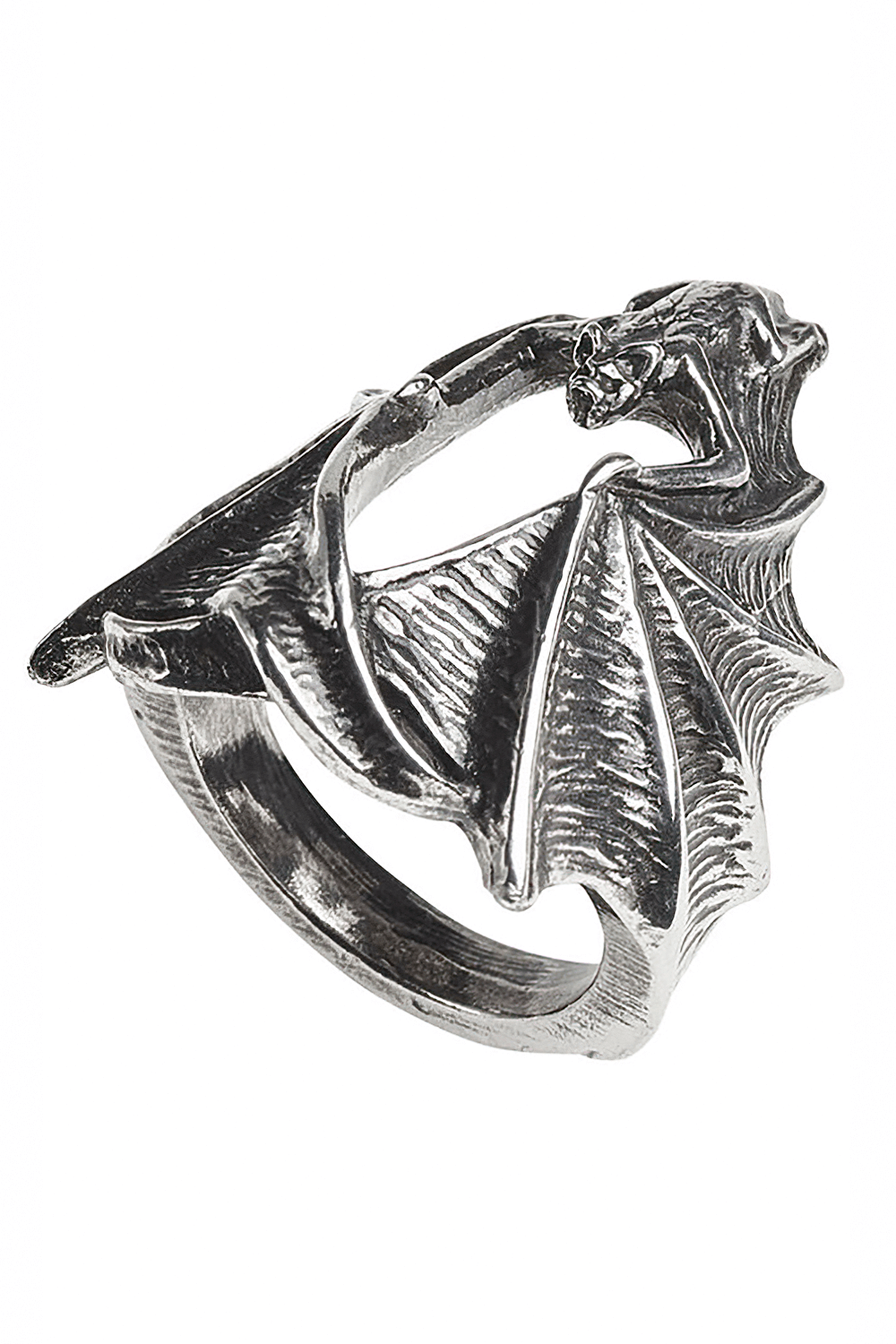 Gothic Stealth Bat Ring in antiqued pewter with detailed wings, perfect for a dramatic gothic style.