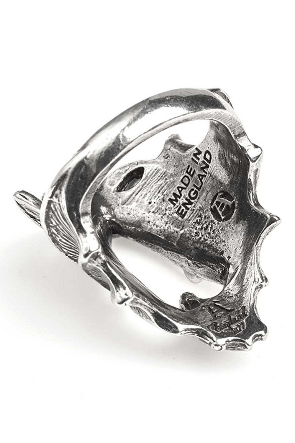 Antiqued pewter bat ring with detailed wings, showcasing adjustable fit and gothic style.