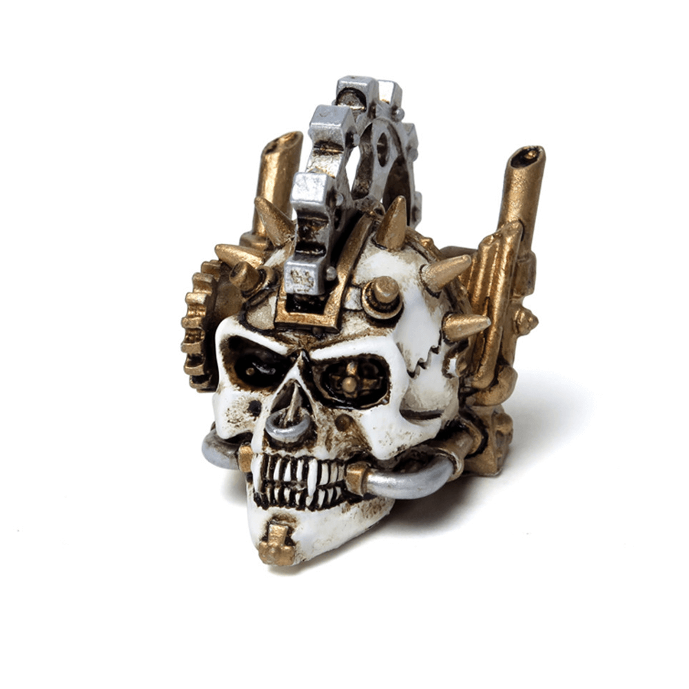 Steampunk skull miniature with gear and spike accents, finely hand-painted for collectors and occult enthusiasts.