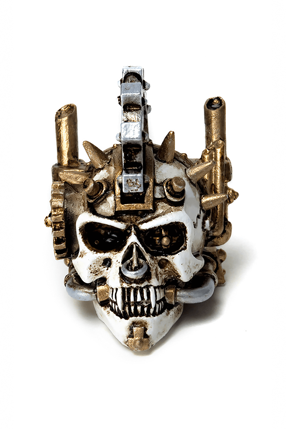 Steampunk Skull Miniature with gear, spike accents, and intricate hand-painted details for collectors and gifts.