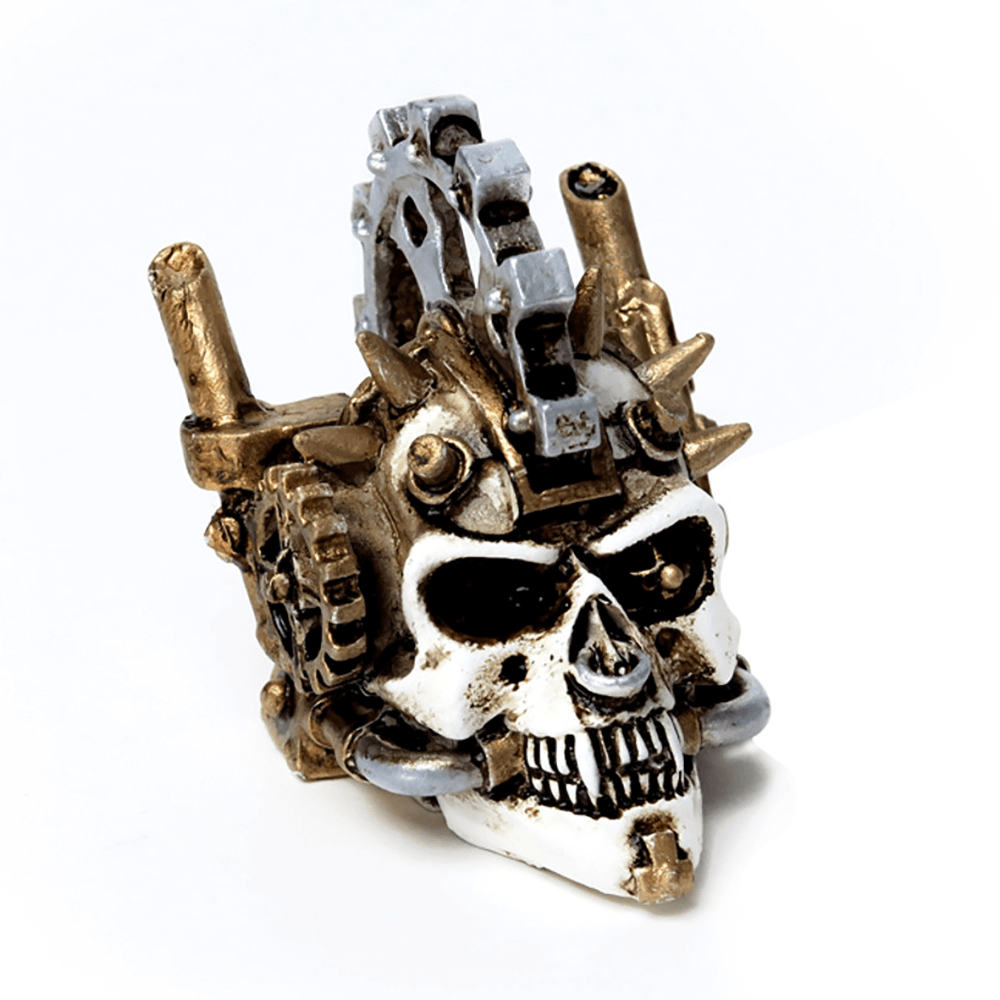 Steampunk Skull Miniature with gear and spike detailing, hand-painted collectible for steampunk enthusiasts.