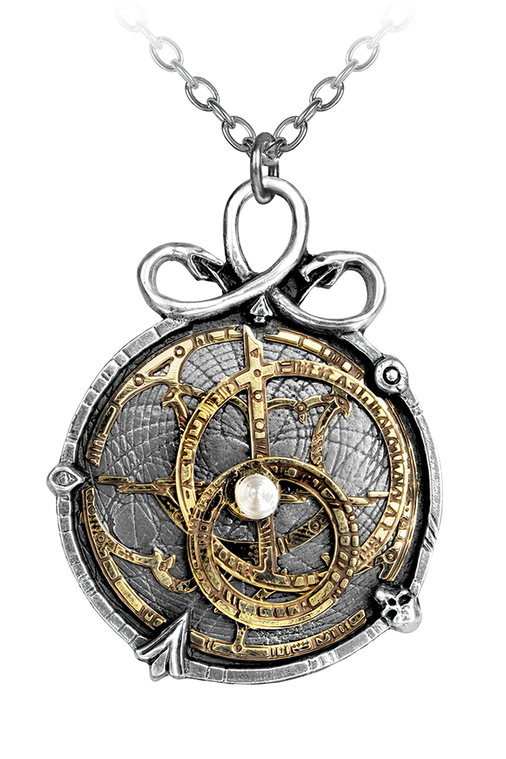 Steampunk anguistralobe pendant featuring a brass astrolabe dial and coiled serpent design.