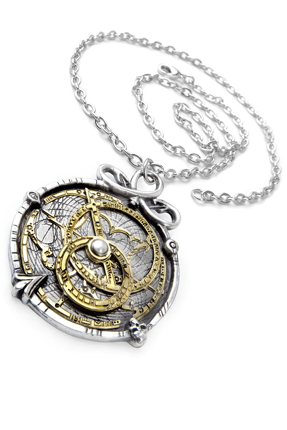 Steampunk Anguistralobe Pendant with brass dial, featuring intricate serpent design and celestial motifs.