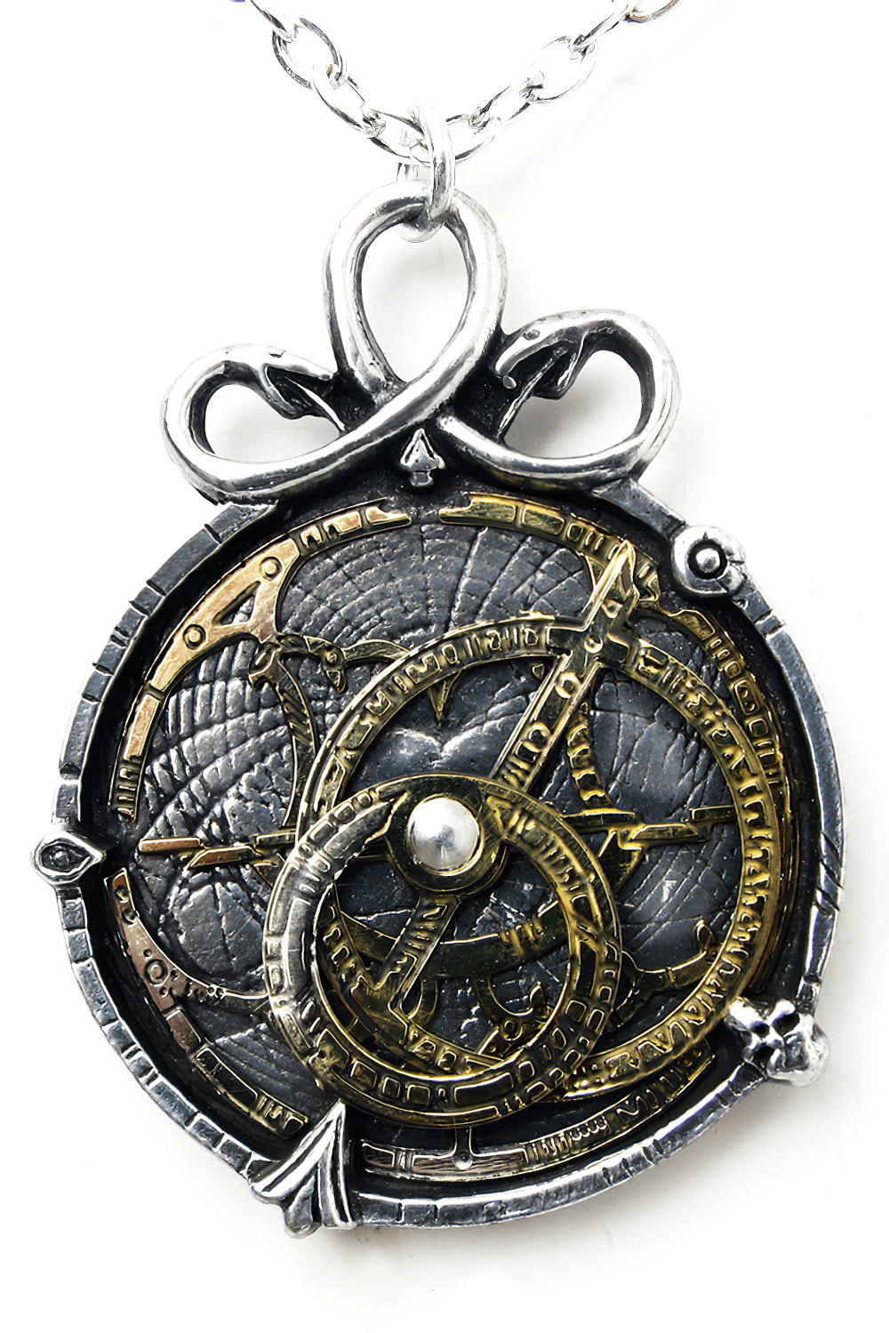 Steampunk anguistralobe pendant featuring brass astrolabe dial and coiled serpent design, perfect for steampunk enthusiasts.