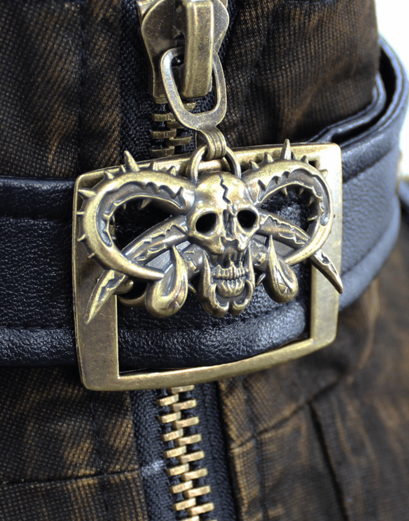 Detail of a steampunk vest featuring a bronze skull buckle and intricate design, adding a vintage flair.