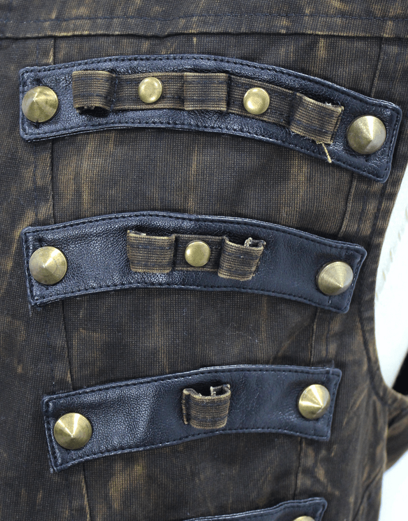Close-up of steampunk vest detailing with bronze rivets and decorative straps for a vintage biker look.