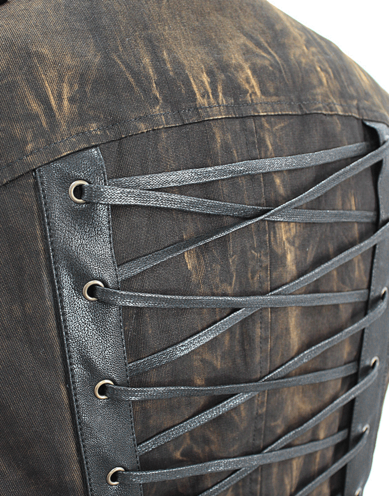 Close-up of steampunk biker style waistcoat back with lace-up details and decorative bronze rivets.