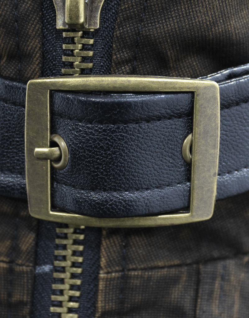 Close-up of steampunk vest zipper and copper buckle detail on PU leather.