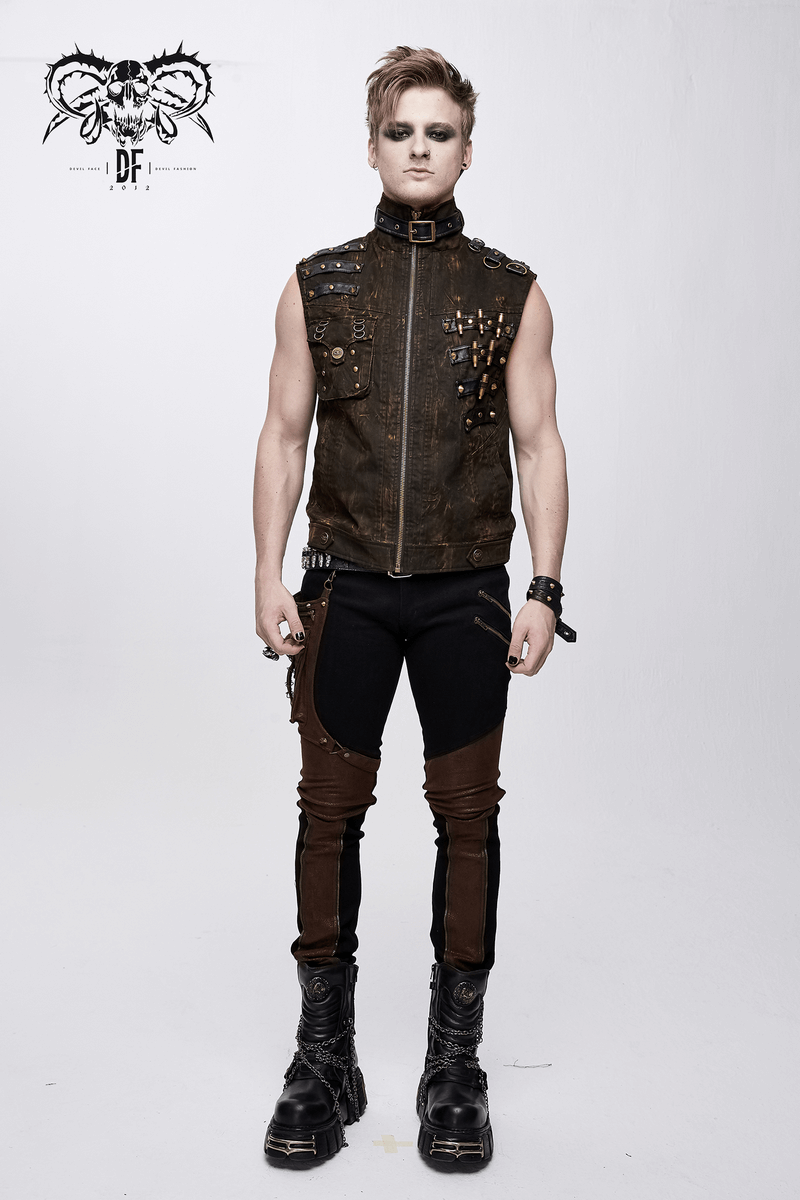 Steampunk biker style sleeveless waistcoat with copper buckles, worn by a model showcasing vintage fashion.