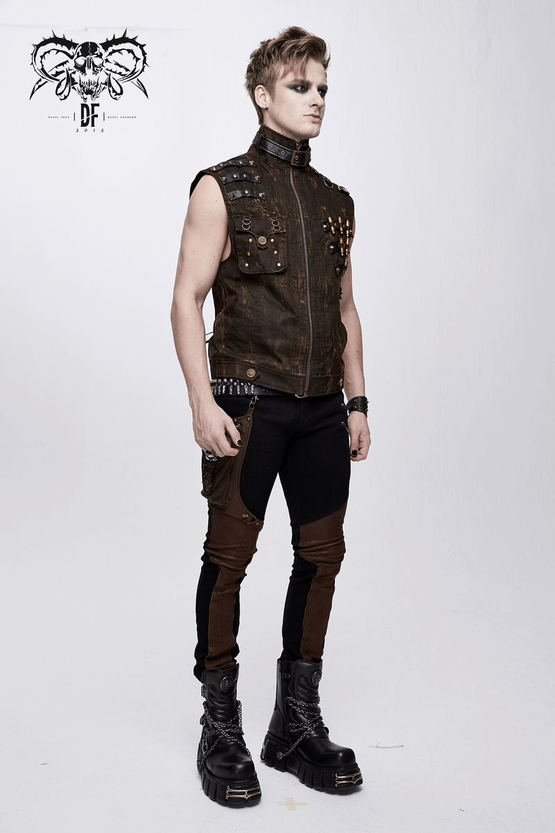 Men's steampunk biker style sleeveless waistcoat with studs and copper buckles, paired with stylish black and brown pants.