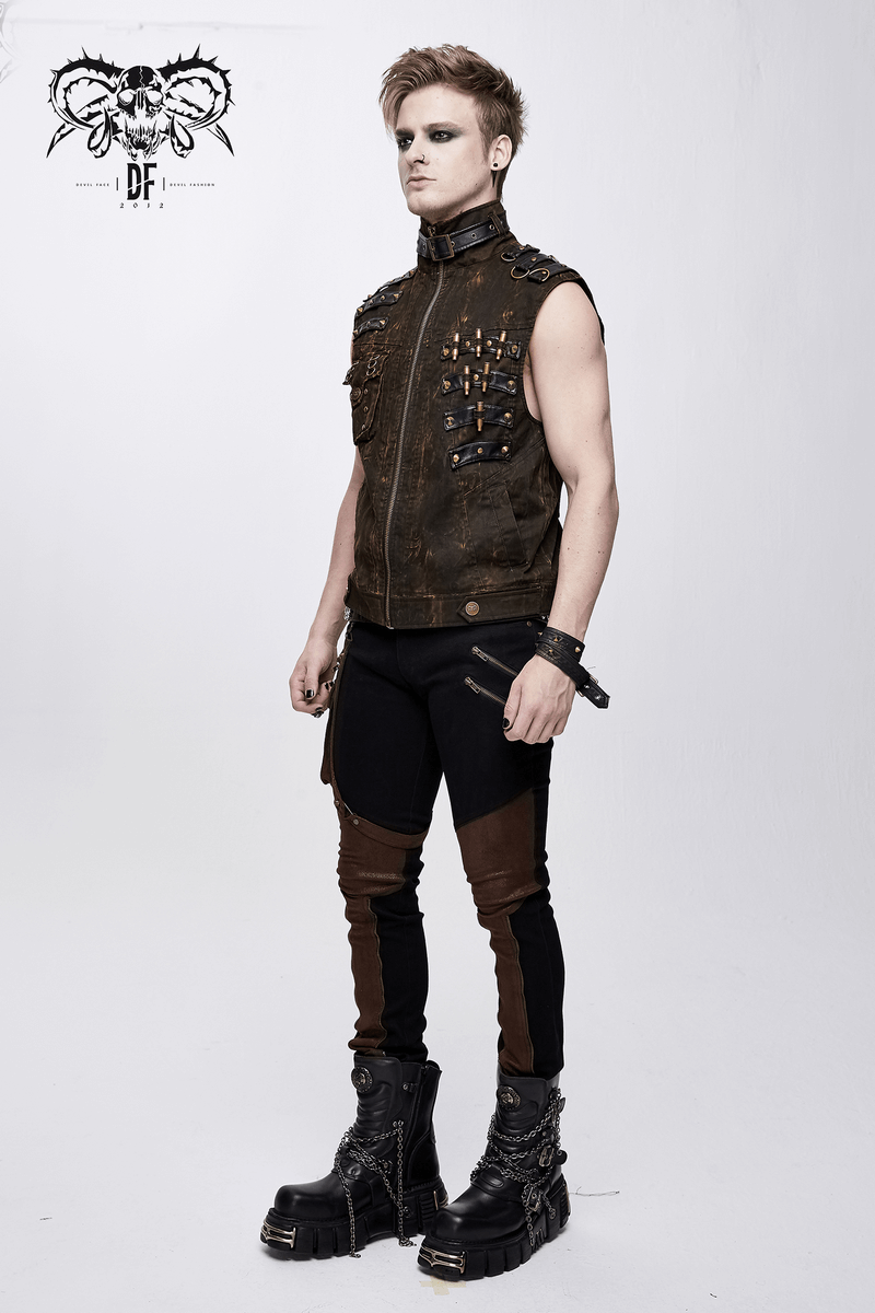 Men's steampunk biker style sleeveless waistcoat with bronze studs and stylish fitted pants.
