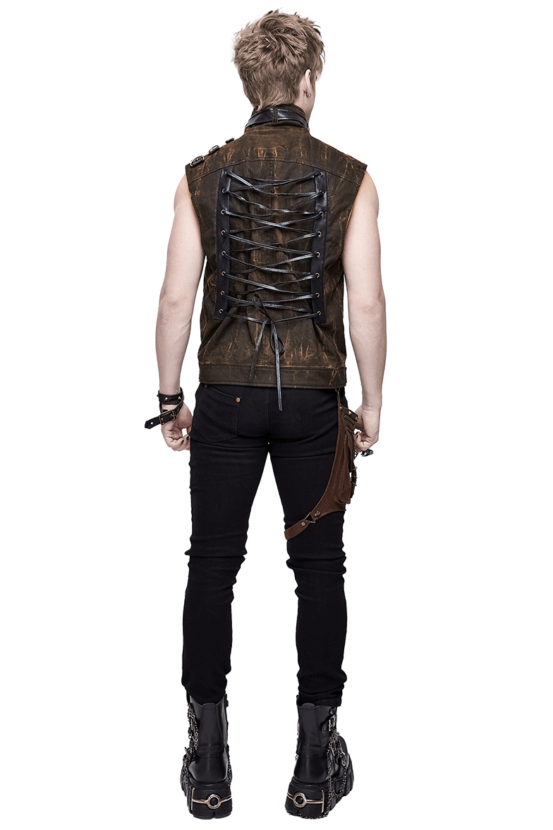 Steampunk Biker Style Zipper Sleeveless Waistcoat / Lace up on Back Waistcoat with Copper Buckles - HARD'N'HEAVY