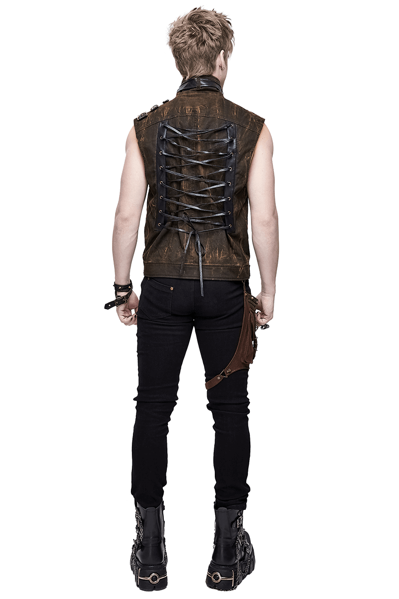 Back view of a man wearing a steampunk biker-style sleeveless waistcoat with laced back and bronze details.
