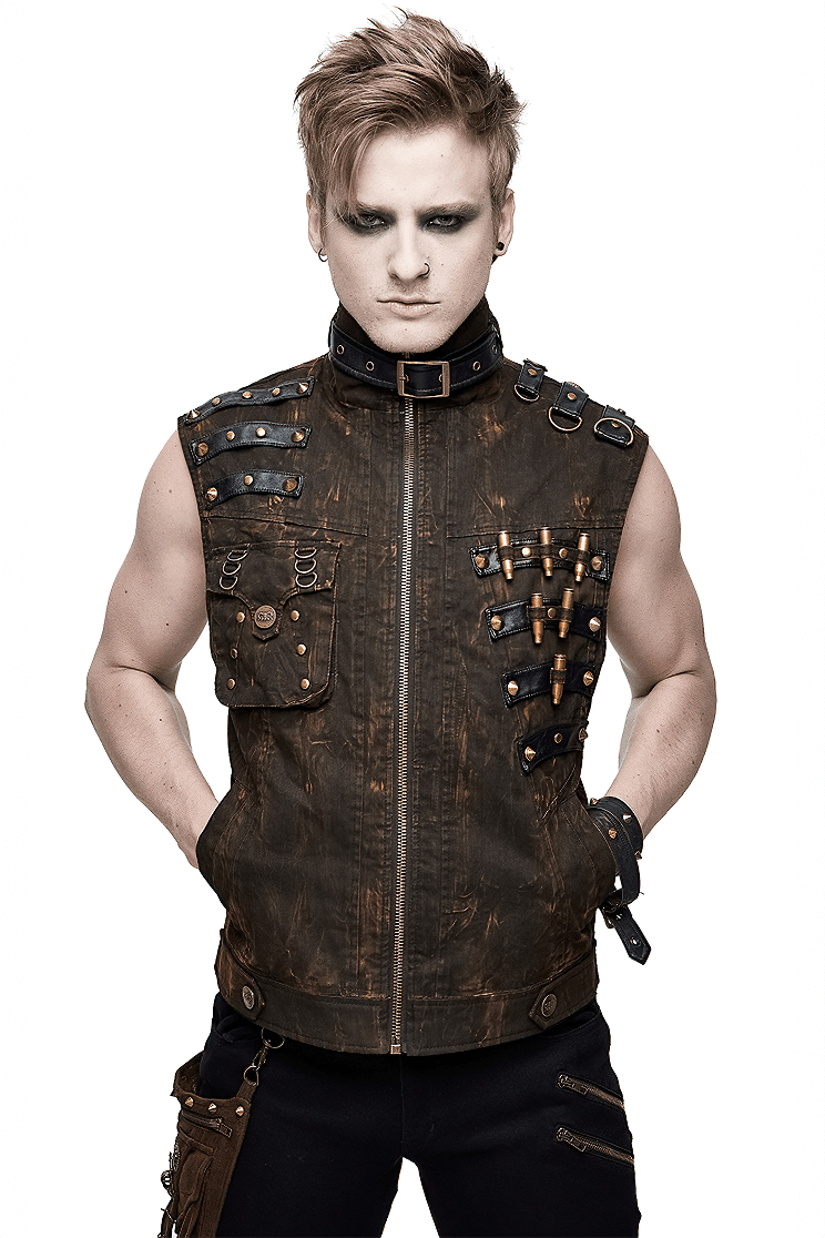Stylish steampunk biker vest with copper buckles, bronze rivets, sleeveless design, perfect for a vintage look.
