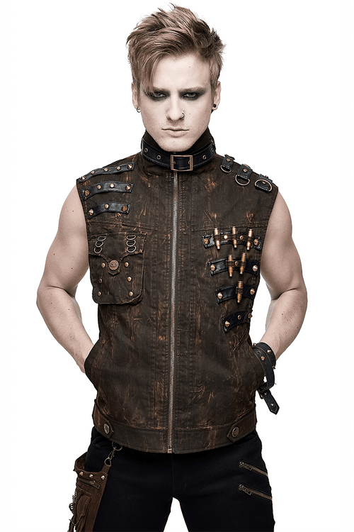 Gilet sans manches zippé style motard steampunk / gilet à lacets sur le dos avec boucles en cuivre