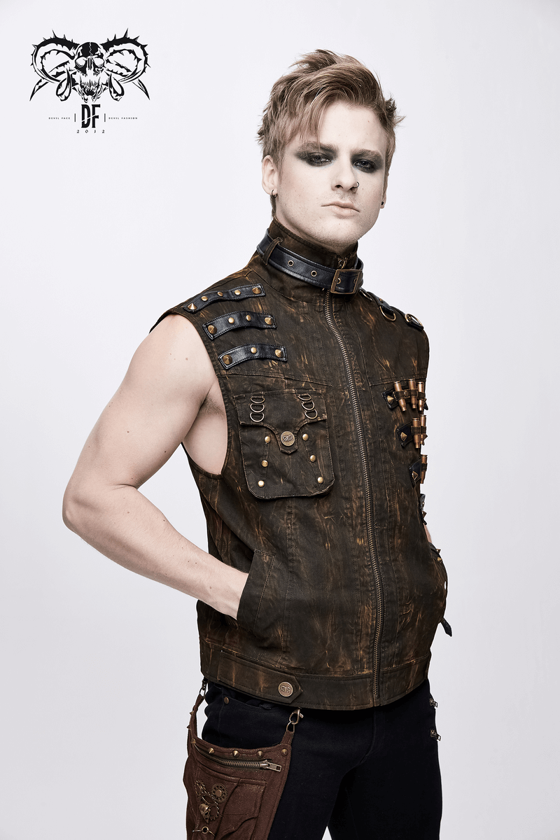 Men's steampunk biker-style sleeveless vest with copper buckles and vintage details in PU leather.