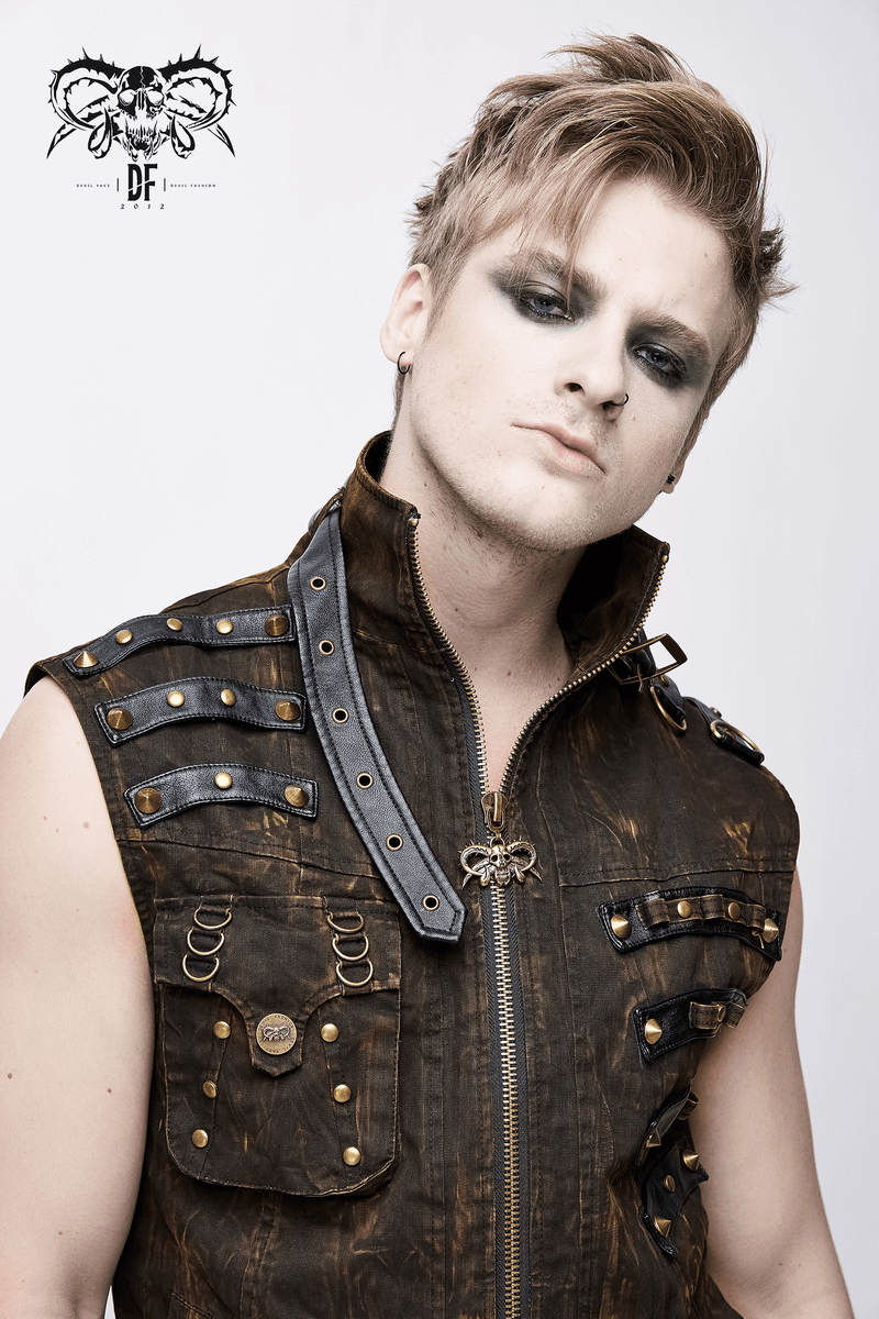 Stylish man modeling a steampunk biker style sleeveless waistcoat with copper buckles and unique design.