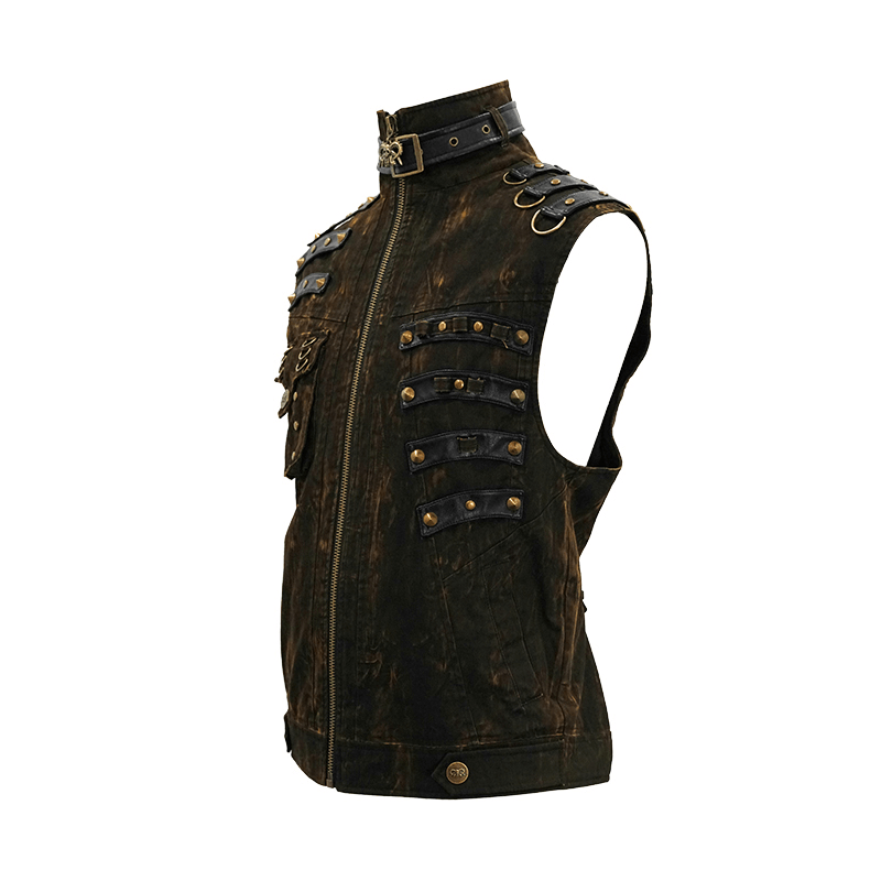 Steampunk biker style sleeveless waistcoat featuring copper buckles and decorative bronze rivets.