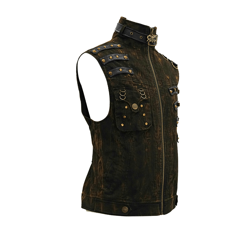 Men's steampunk biker vest in PU leather with copper buckles and decorative rivets, showcasing a vintage style.