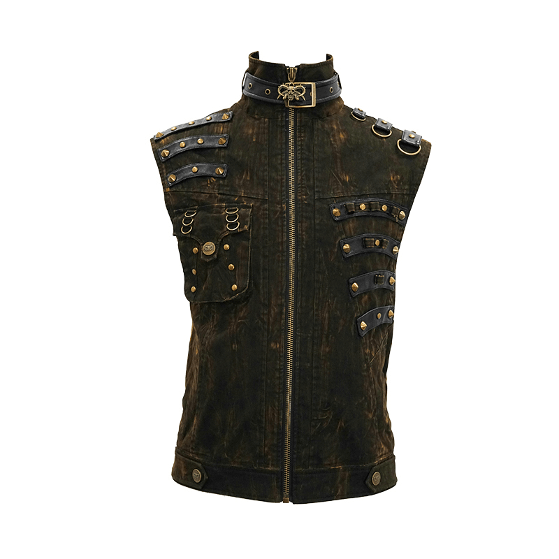 Men's steampunk style sleeveless waistcoat with copper buckles and decorative rivets.