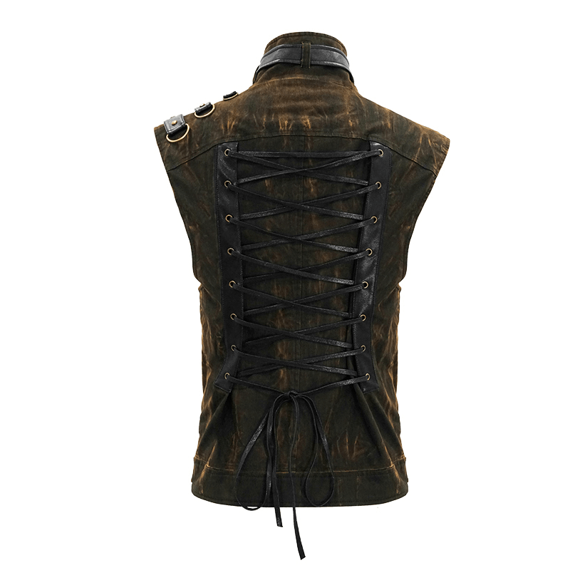 Back view of a steampunk biker style sleeveless waistcoat with lace-up design and copper buckles.