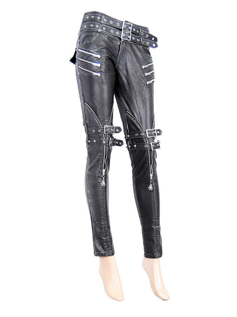 Steampunk black PU leather pants for women featuring decorative silver rivets and zippers, perfect for gothic fashion.